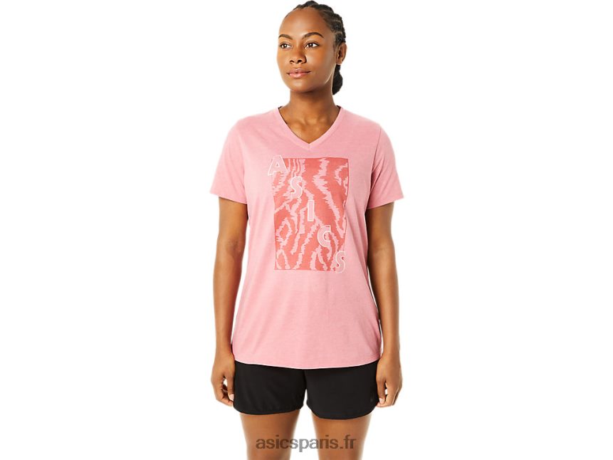 femmes Asics col v imprimé à manches courtes BXL8B23707 bruyère rose fumée