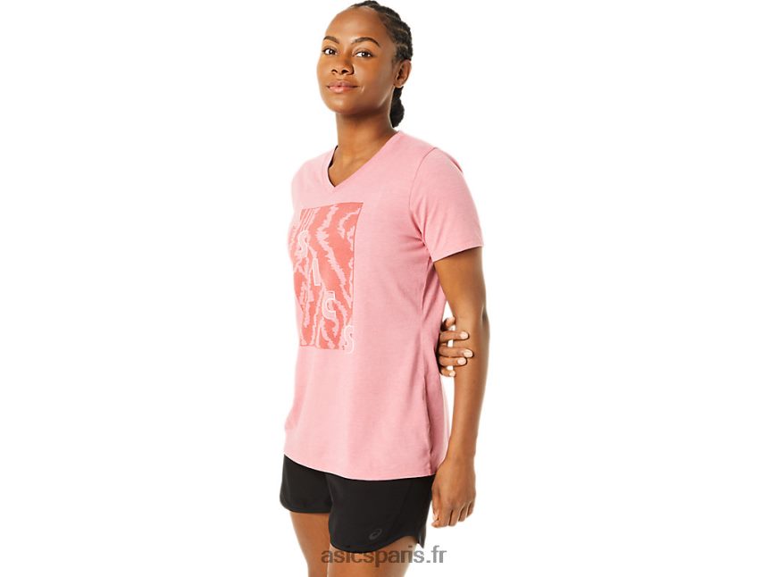 femmes Asics col v imprimé à manches courtes BXL8B23707 bruyère rose fumée