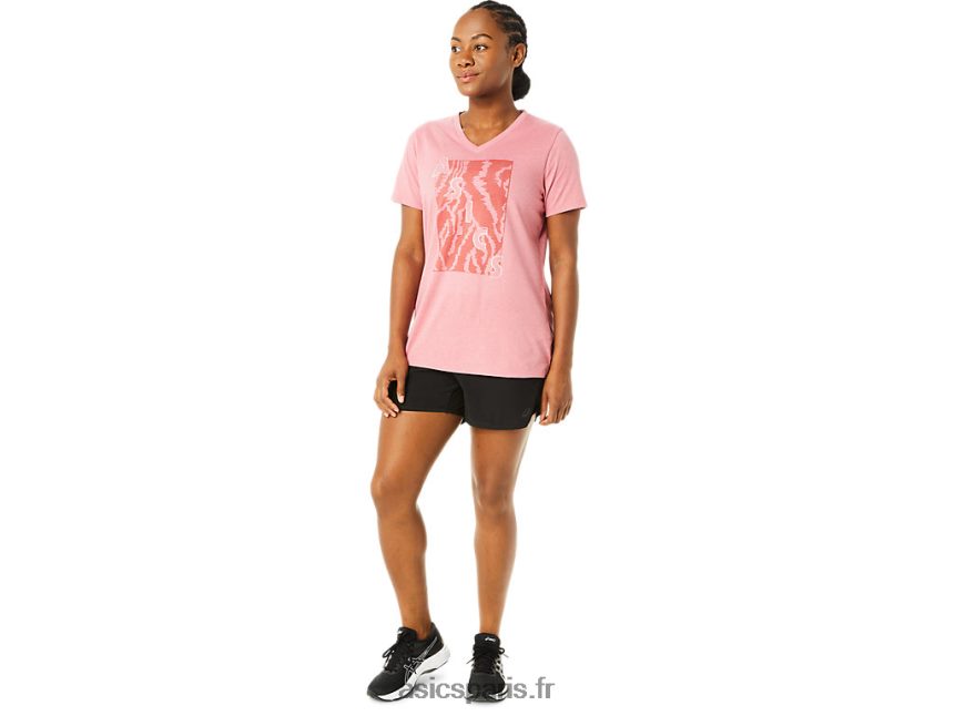 femmes Asics col v imprimé à manches courtes BXL8B23707 bruyère rose fumée