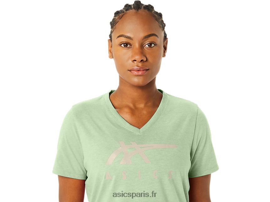 femmes Asics col v à rayures BXL8B22214 bruyère vert murmure