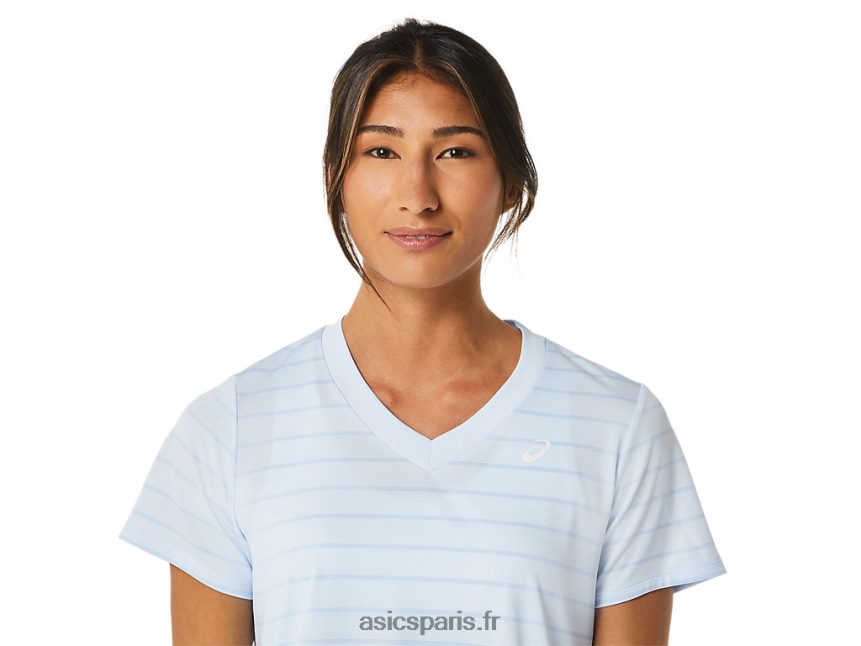 femmes Asics haut court rayé à manches courtes BXL8B22515 ciel doux