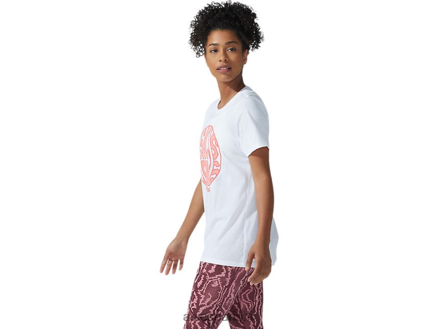 femmes Asics nouveau t-shirt graphique strong 92 BXL8B23782 blanc brillant/corail flamboyant