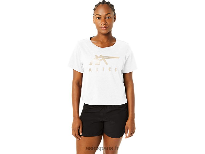 femmes Asics t-shirt carré à manches courtes et rayures BXL8B22718 blanc brillant