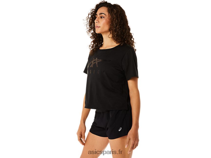 femmes Asics t-shirt carré à manches courtes et rayures BXL8B22815 performance noir
