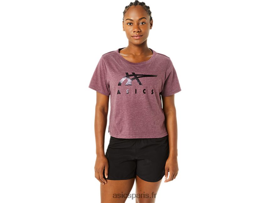 femmes Asics t-shirt carré à manches courtes et rayures BXL8B23620 bruyère mars profonde