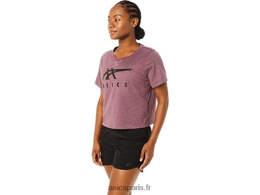 femmes Asics t-shirt carré à manches courtes et rayures BXL8B23620 bruyère mars profonde