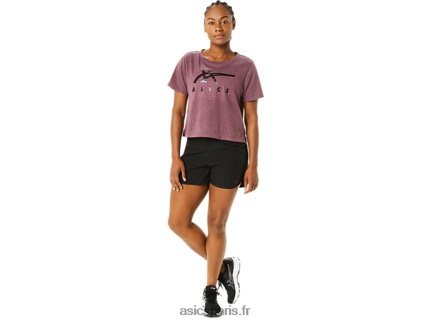femmes Asics t-shirt carré à manches courtes et rayures BXL8B23620 bruyère mars profonde