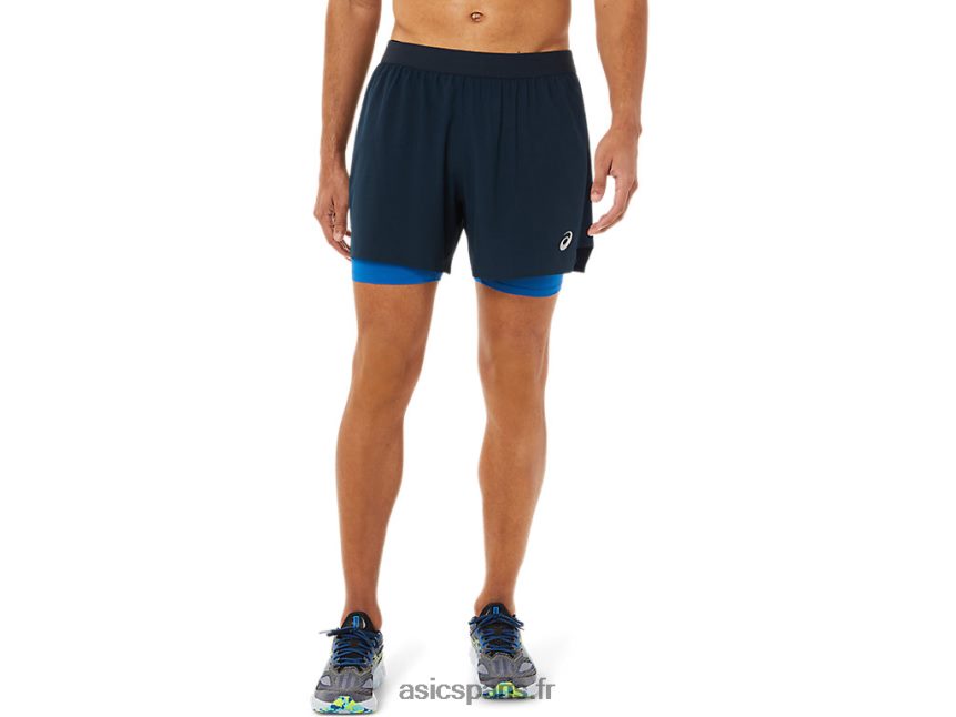 Hommes Asics route 2-n-1 5po court BXL8B21534 bleu français / route du lac