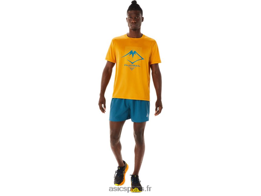 Hommes Asics short logo fujitrail BXL8B2479 bleu sarcelle d\'encre/jaune doré