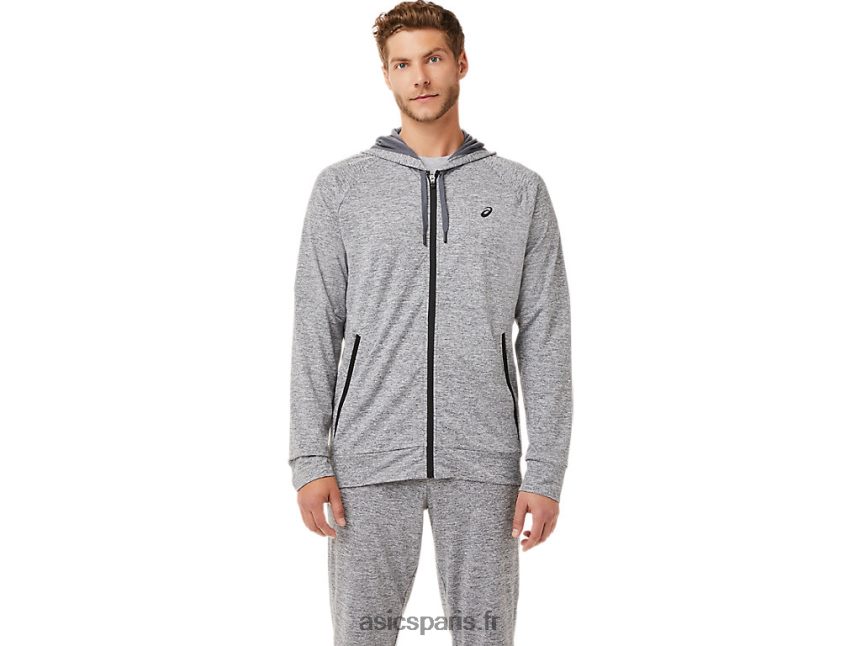 Hommes Asics sweat à capuche technique entièrement zippé BXL8B21907 transporteur gris chiné