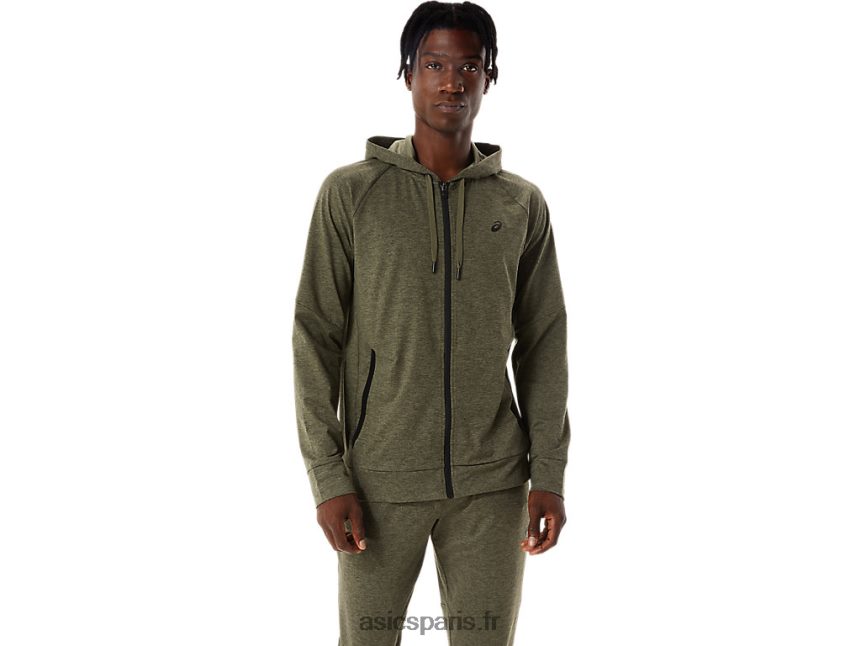 Hommes Asics sweat à capuche technique entièrement zippé BXL8B2851 manteau vert chiné/perf noir
