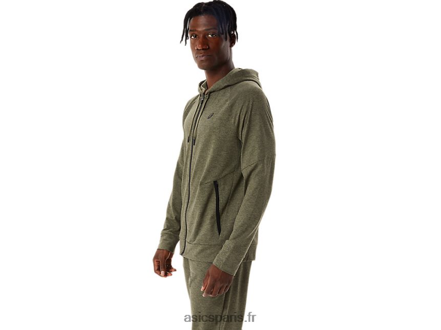 Hommes Asics sweat à capuche technique entièrement zippé BXL8B2851 manteau vert chiné/perf noir