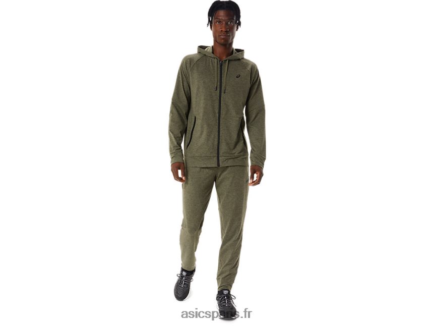 Hommes Asics sweat à capuche technique entièrement zippé BXL8B2851 manteau vert chiné/perf noir