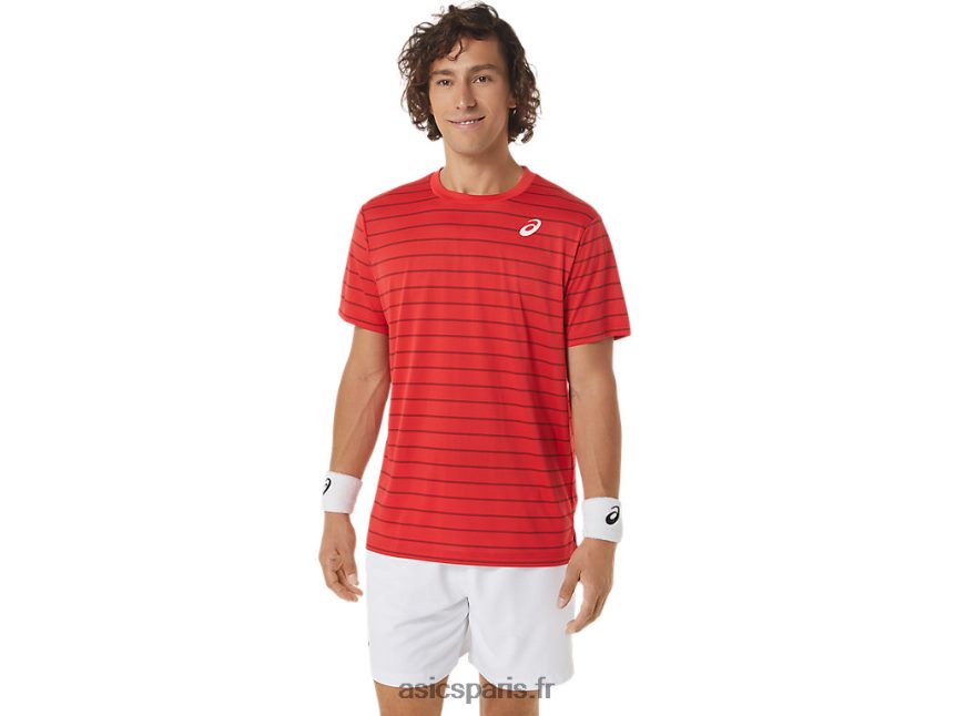 Hommes Asics haut court rayé à manches courtes BXL8B2493 rouge classique