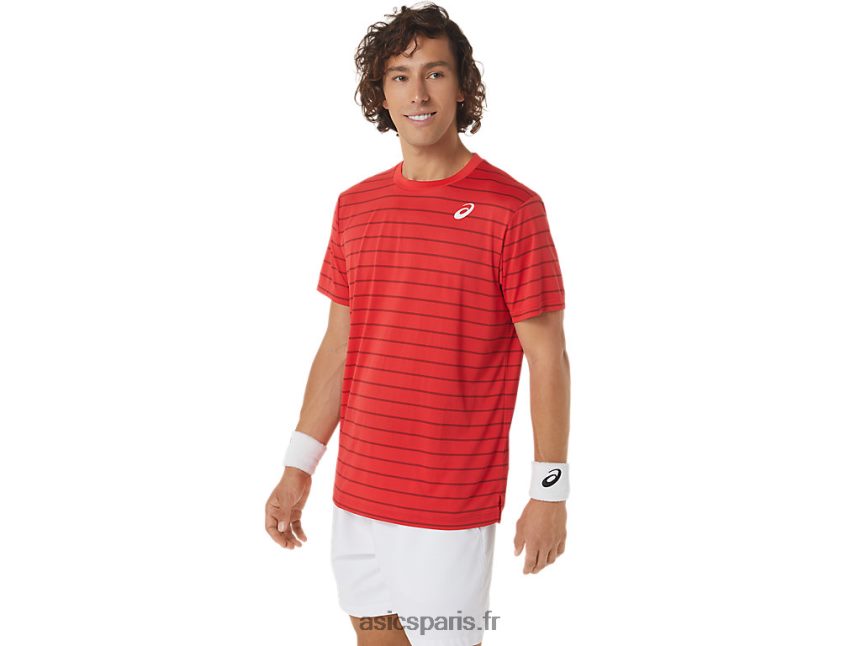 Hommes Asics haut court rayé à manches courtes BXL8B2493 rouge classique