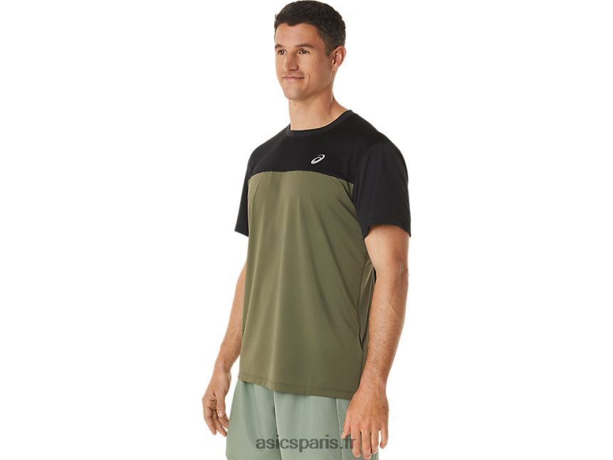 Hommes Asics haut de course à manches courtes BXL8B21116 performance noir/vert manteau