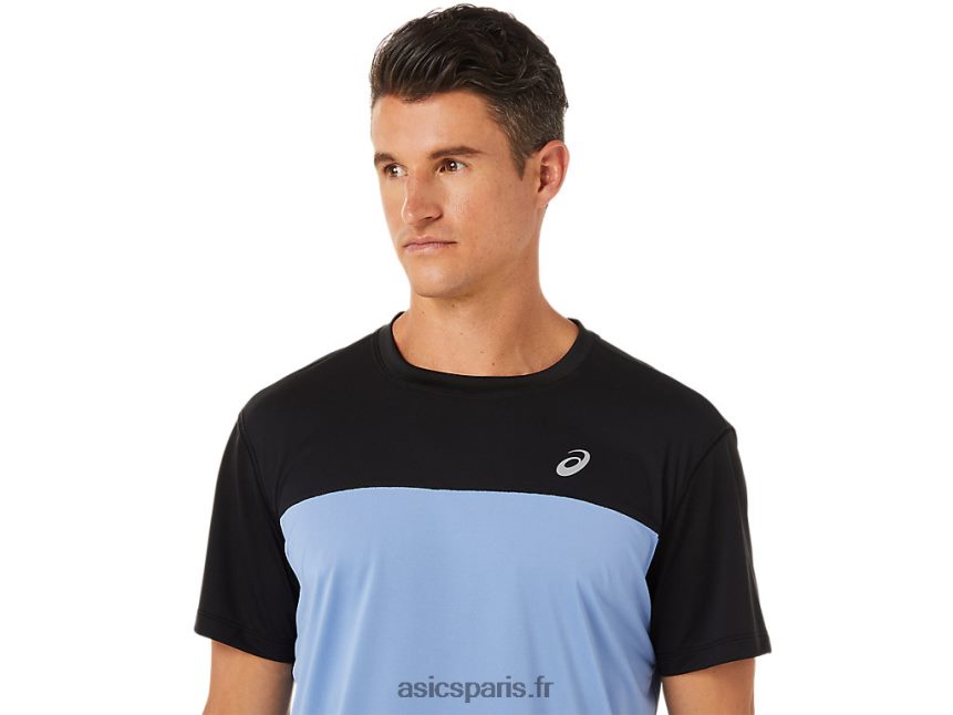 Hommes Asics haut de course à manches courtes BXL8B21320 performance harmonie noir/bleu