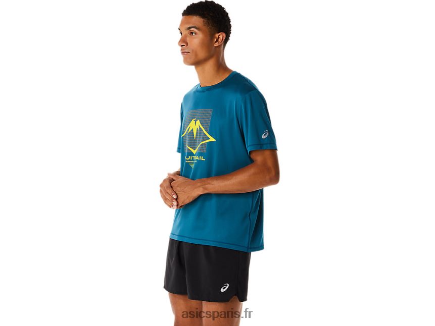 Hommes Asics haut à manches courtes avec logo fujitrail BXL8B2436 sarcelle d\'encre