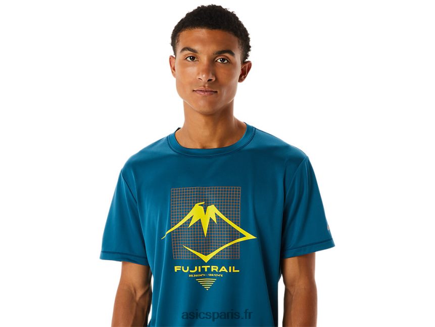 Hommes Asics haut à manches courtes avec logo fujitrail BXL8B2436 sarcelle d\'encre