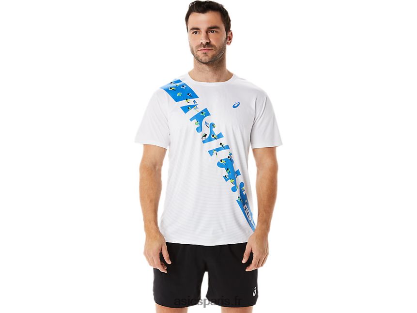 Hommes Asics haut à manches courtes ekiden BXL8B21101 côte blanche/bleue brillante