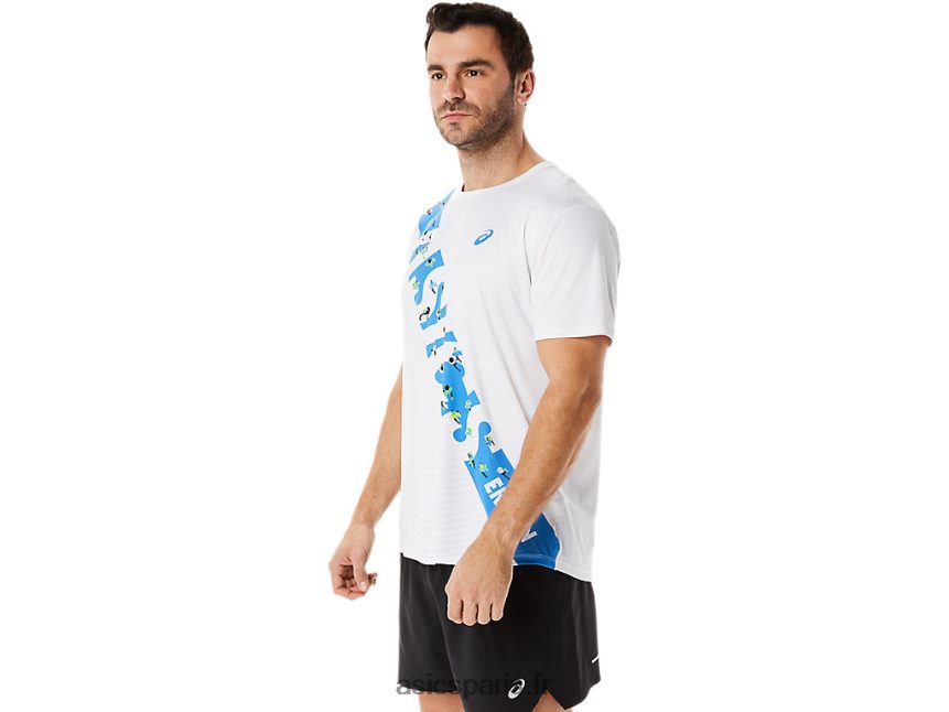 Hommes Asics haut à manches courtes ekiden BXL8B21101 côte blanche/bleue brillante