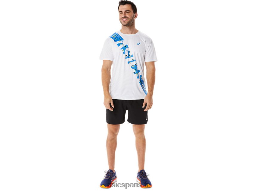 Hommes Asics haut à manches courtes ekiden BXL8B21101 côte blanche/bleue brillante