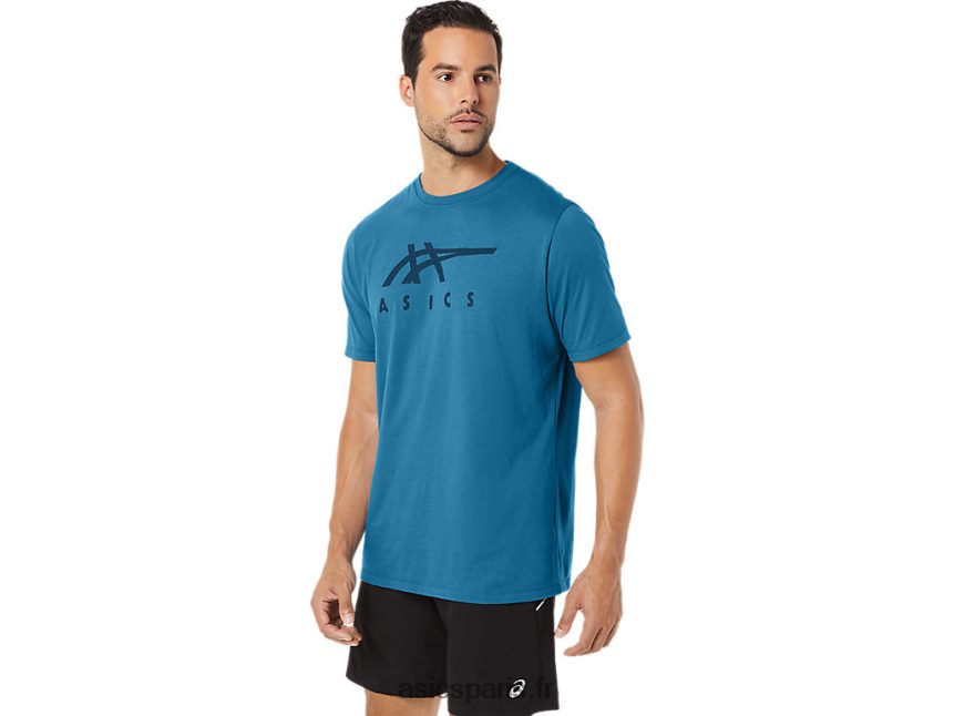 Hommes Asics t-shirt rayé à manches courtes BXL8B2166 bruyère bleue des îles